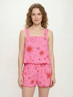 Pink Sun Print 2-Piece Set – Scallop Tank Top & Shorts Sold Separately Available